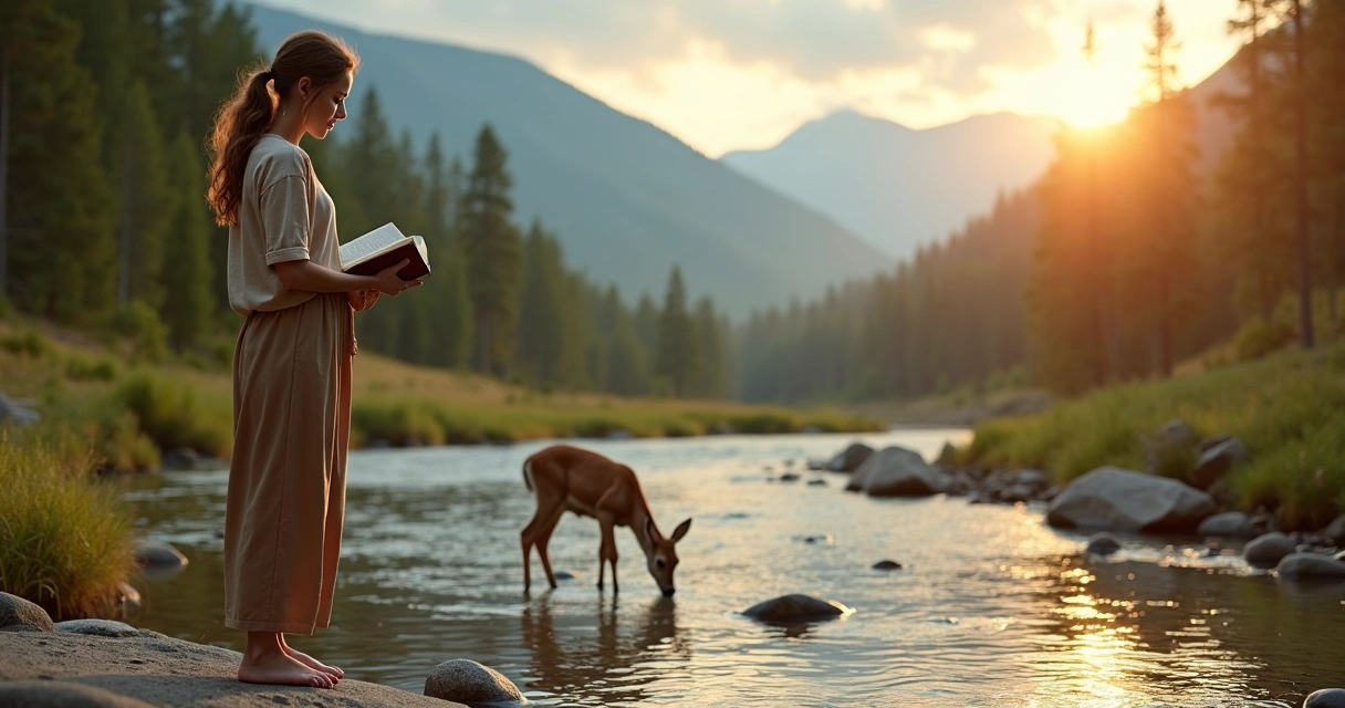 Mulher cristã contemplando riacho ao lado de Bíblia aberta em paisagem de montanha 