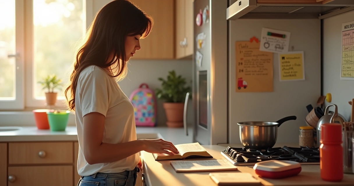 Mulher cristã lê a Bíblia apoiada no balcão da cozinha enquanto prepara o café da manhã. 