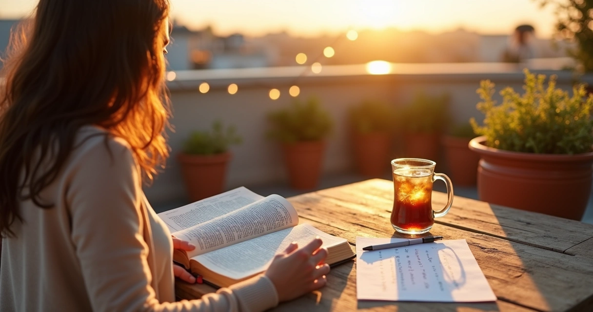 Mulher lendo Salmos ao ar livre com Bíblia aberta sobre mesa de madeira no verão 