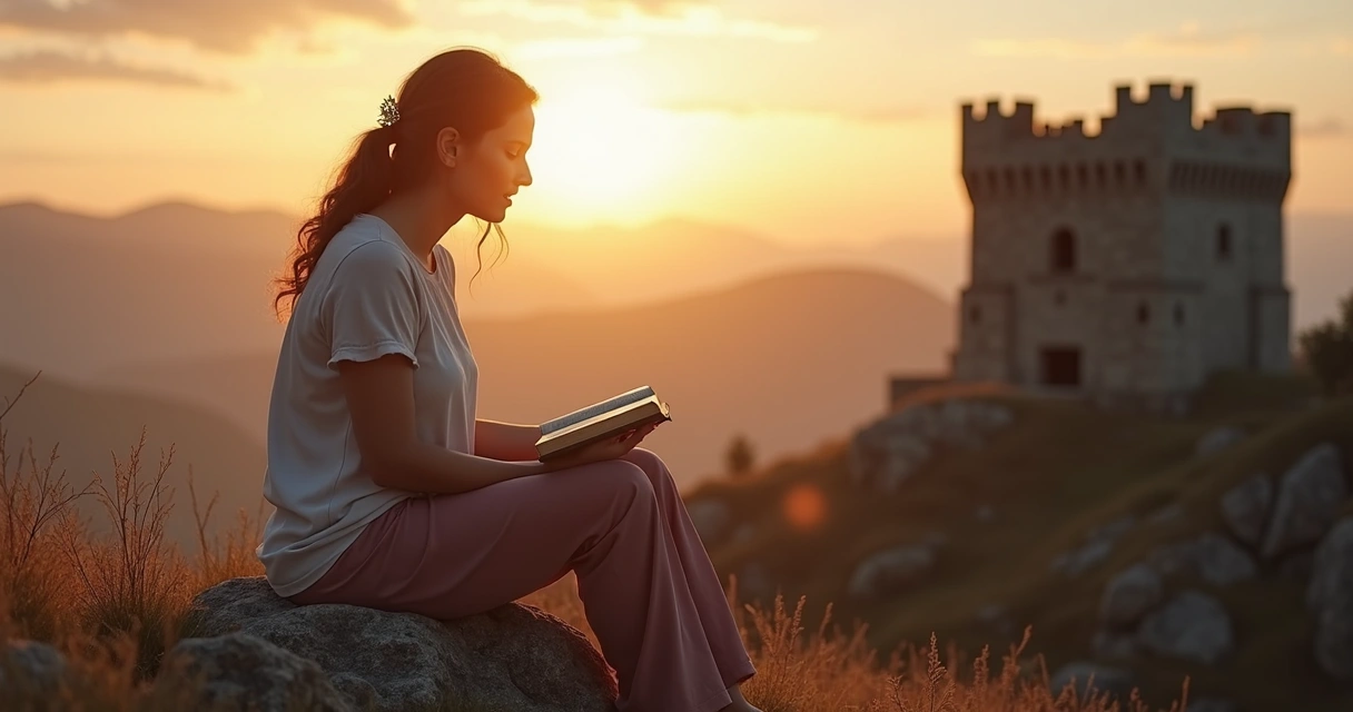Mulher lendo a Bíblia perto de uma torre, com montanhas ao fundo e expressão de paz