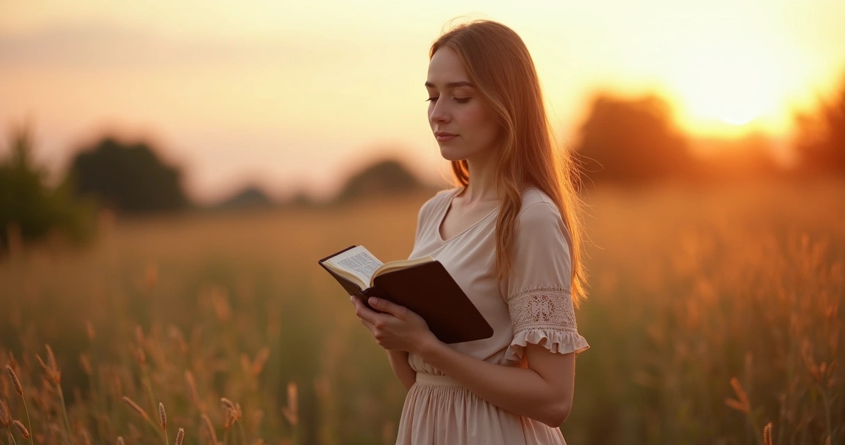 Mulher cristã segurando a Bíblia em momento de reflexão ao pôr do sol 