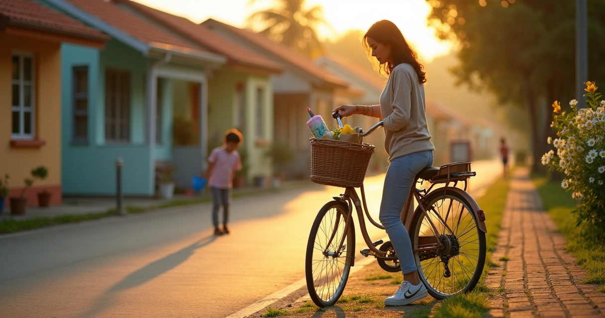 Mulher de bicicleta em bairro calmo ao amanhecer observando pequenas flores na calçada. 