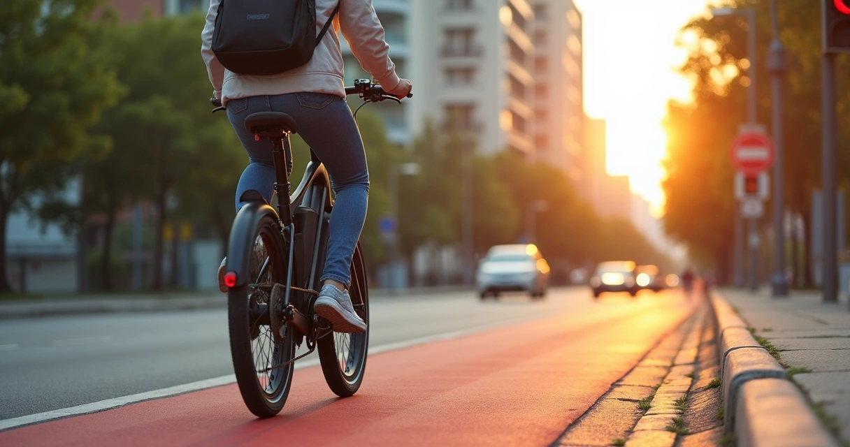 Mulher usa bicicleta elétrica em ciclovia urbana ao pôr do sol 