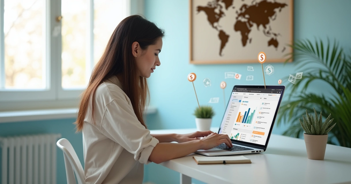 Mulher trabalhando em notebook com símbolos de blog e dólar ao fundo 