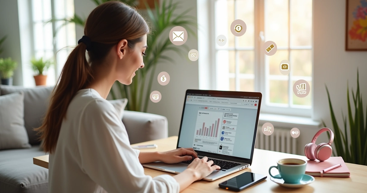 Mulher trabalhando em blog no notebook com ícones de dinheiro ao redor 