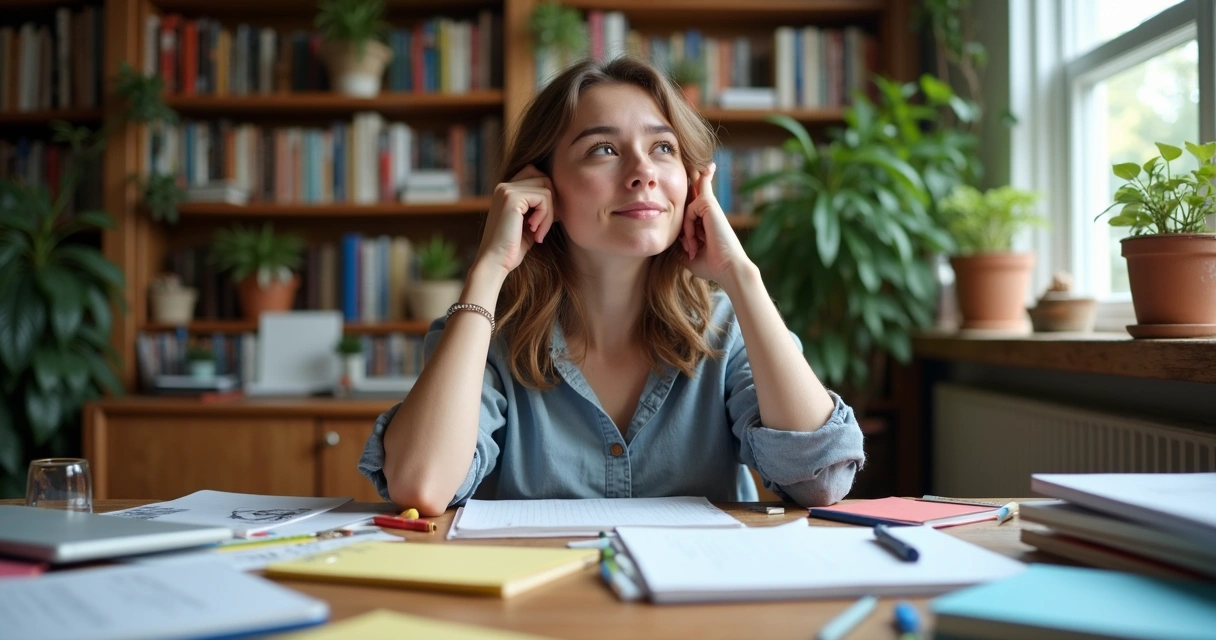 Mulher sentada em mesa rodeada de papéis e notebooks, olhando para o vazio 
