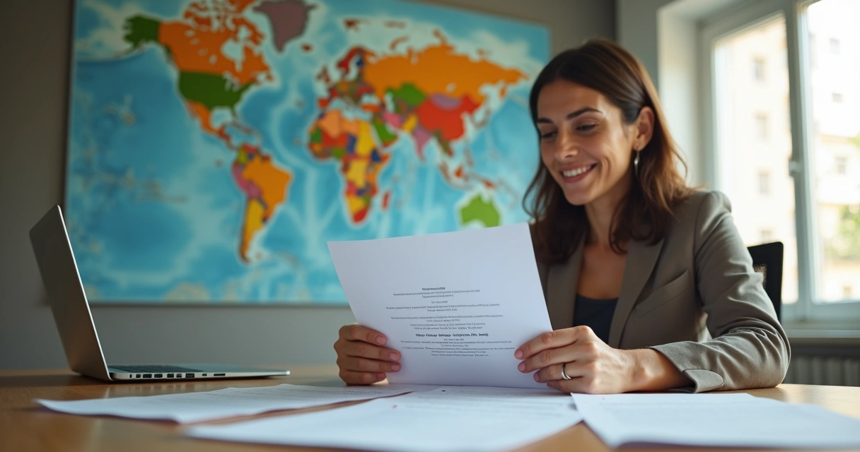 Mulher consultando diploma traduzido em ambiente internacional 