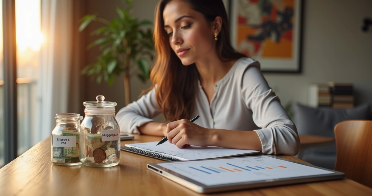 Mulher organiza reserva financeira em mesa com tablet e caderno 