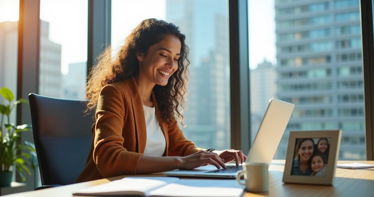 Mulher brasileira feliz usando laptop em escritório nos EUA 