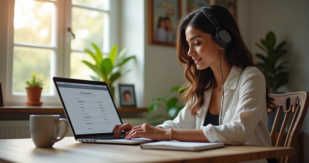 Mulher sentada trabalhando em home office com laptop e anotações
