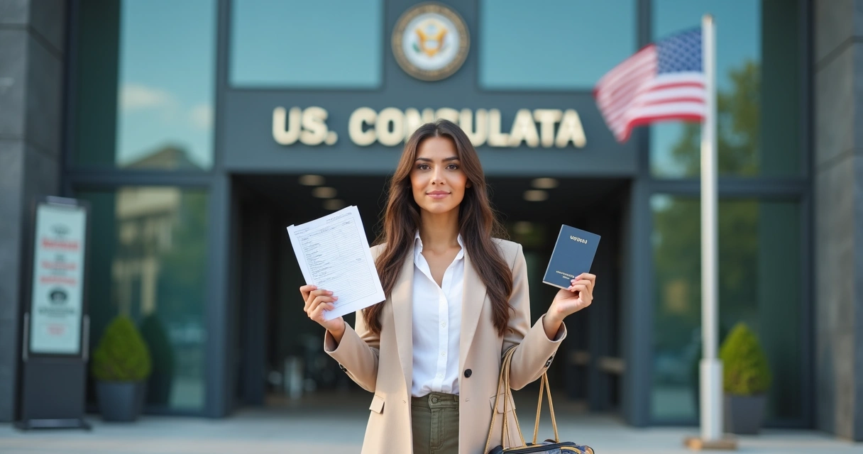 Mulher brasileira segura passaporte em frente ao consulado dos Estados Unidos 