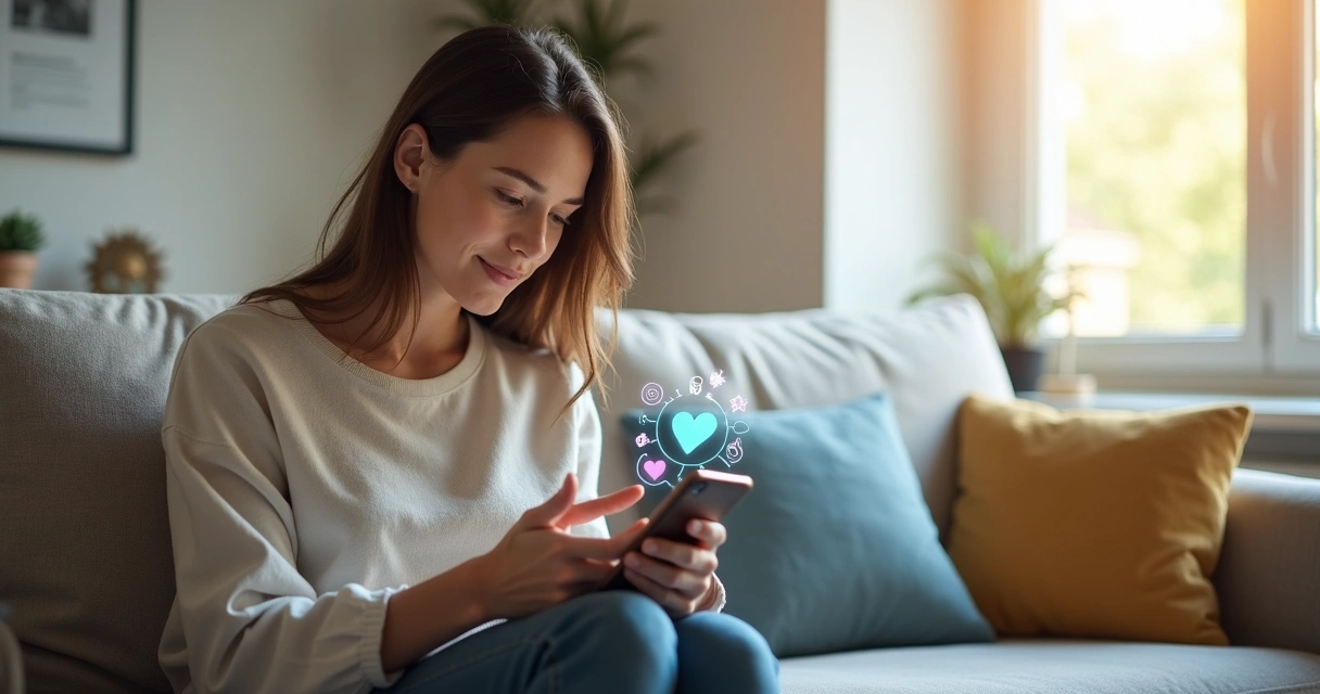 Mulher consulta aplicativo de saúde em smartphone, sentada em casa 