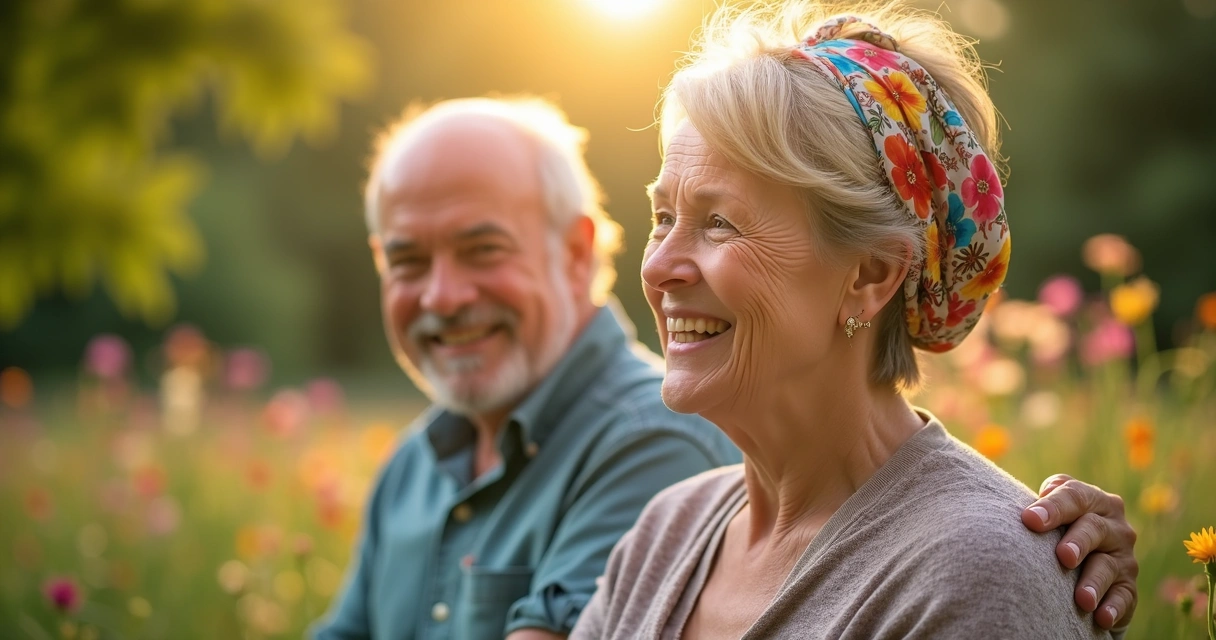 Mulher sorridente após tratamento de câncer, com lenço na cabeça 