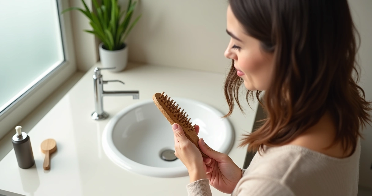 Mulher escovando o cabelo sobre pia branca com fios visíveis caindo 