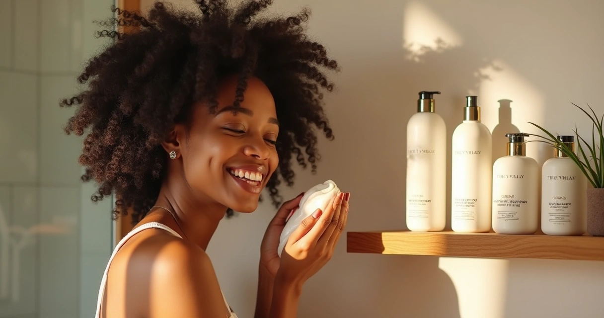 Mulher de cabelos cacheados aplicando produto vegano nos fios 