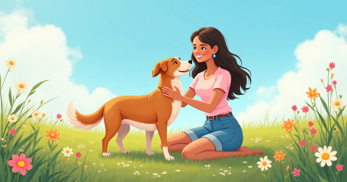 Mulher acariciando sua cachorra em um gramado florido com opções de nomes no fundo.