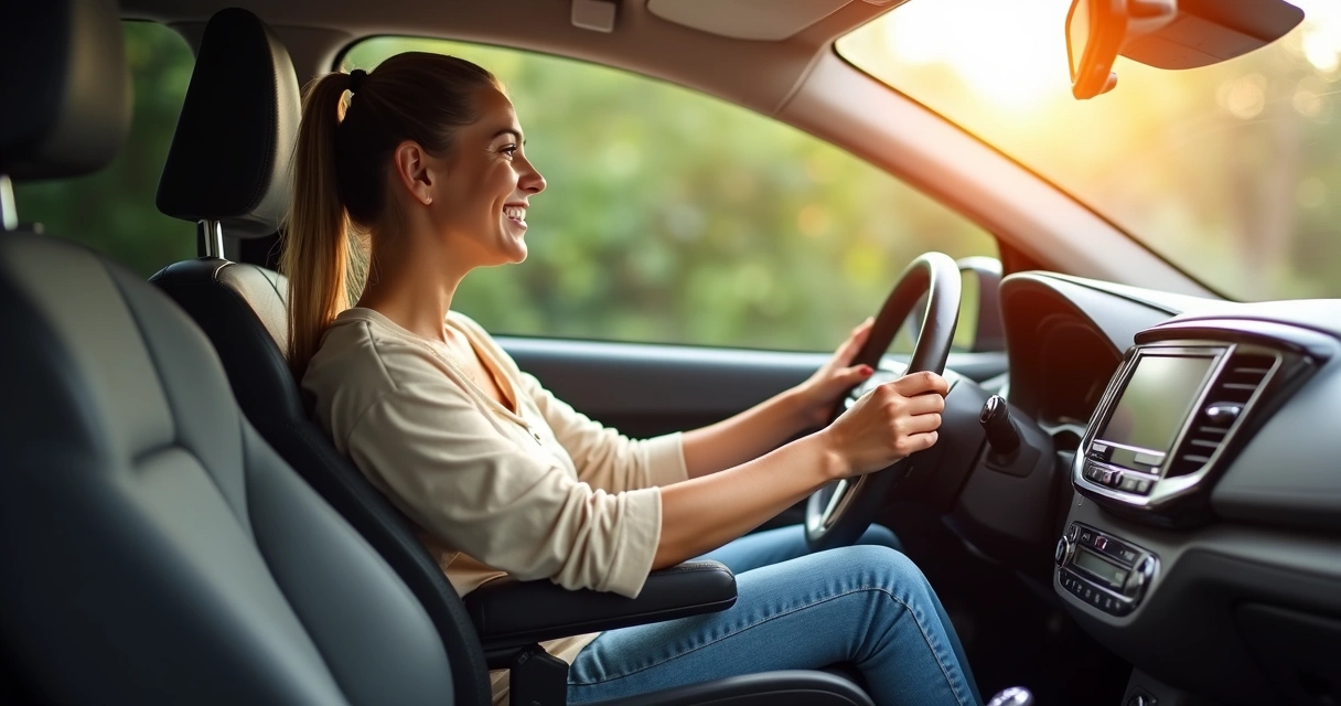 Mulher cadeirante ao volante de carro adaptado, feliz, luz natural entrando pela janela