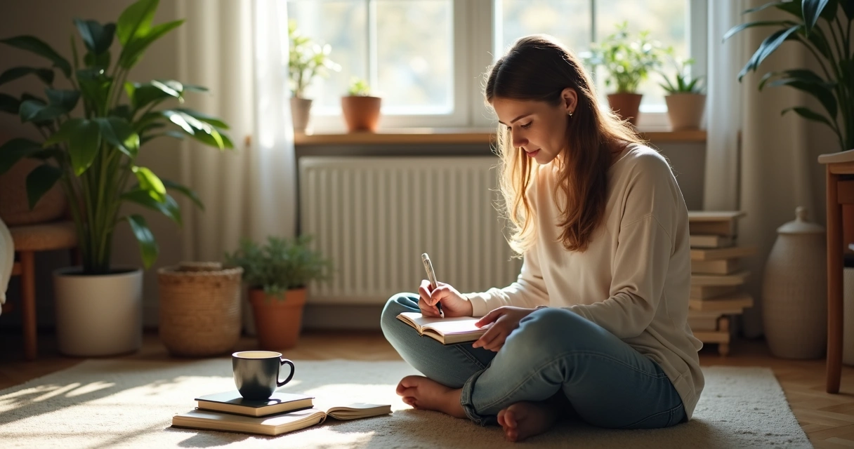 Mulher sentada escrevendo em caderno sobre autoconhecimento 