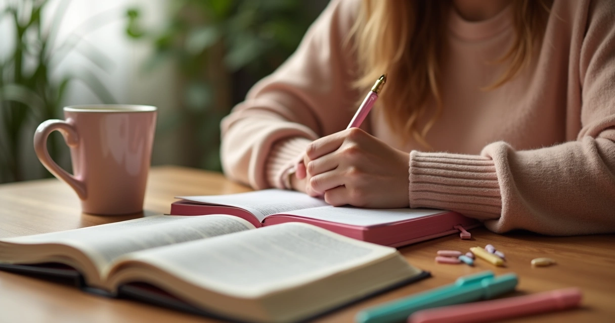 Mulher escrevendo em caderno com bíblia ao lado 