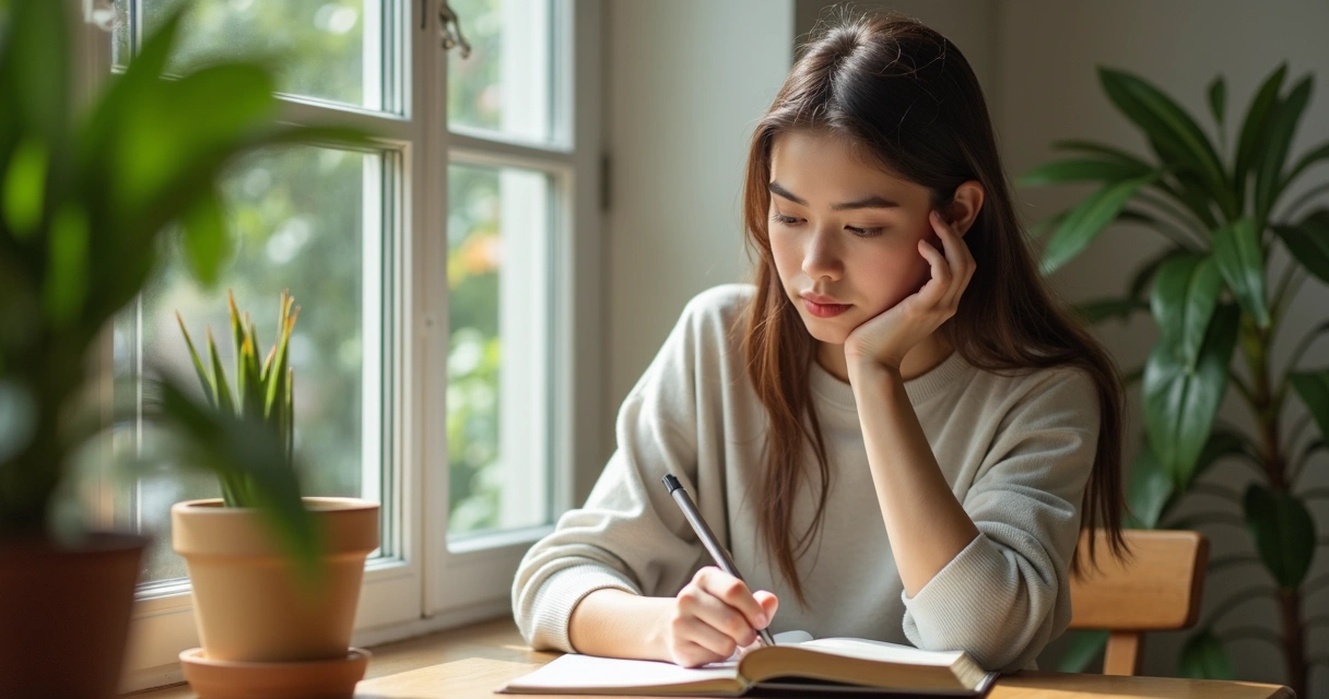 Mulher refletindo sozinha com caderno em ambiente tranquilo 