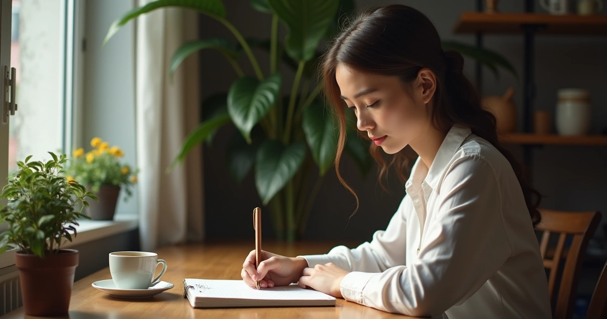 Mulher sentada refletindo com caderno na mesa