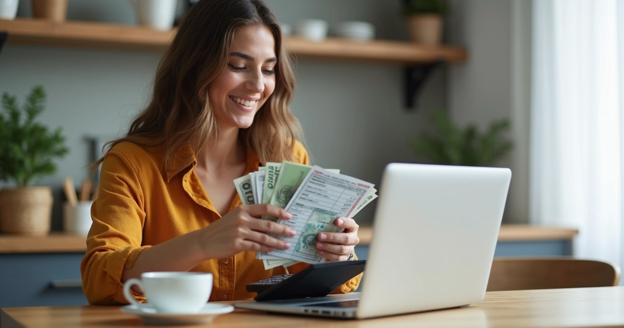 Pessoa olhando sorrindo para planilha com dinheiro na mão