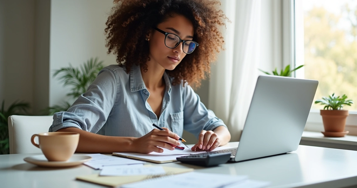 Mulher fazendo contas para milhas no cartão de crédito 