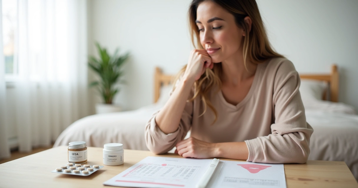 Mulher adulta observando cápsulas e creme de progesterona ao lado de calendário do ciclo 