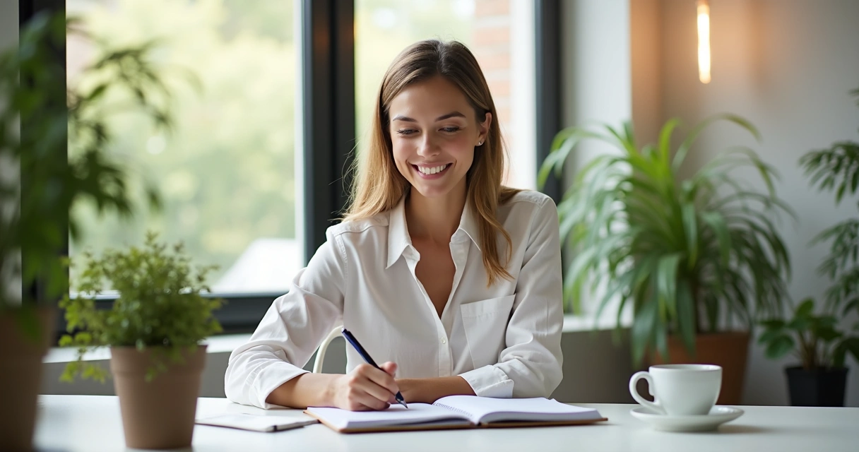 Mulher sorrindo escrevendo em caderno