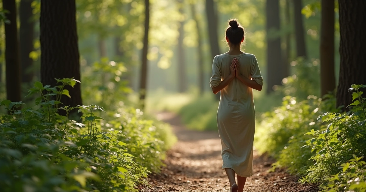 Mulher caminhando entre árvores na floresta, em oração 