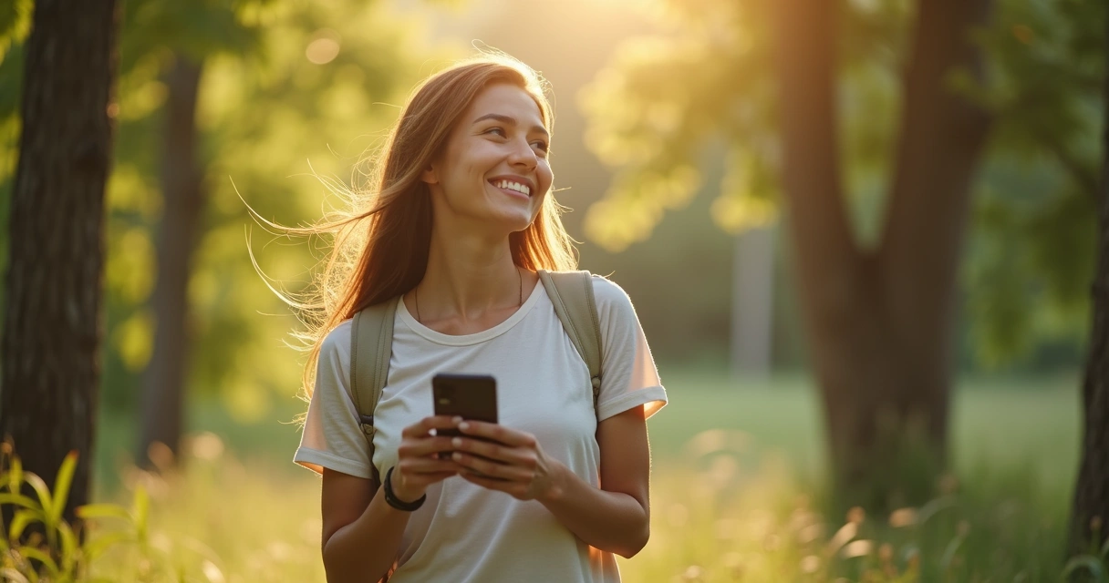 Mulher caminhando na natureza com celular desligado, sorridente e reflexiva 