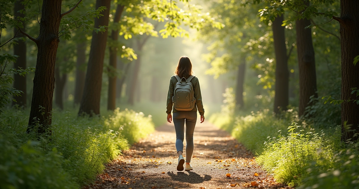 Mulher caminhando sozinha em trilha no meio da natureza 