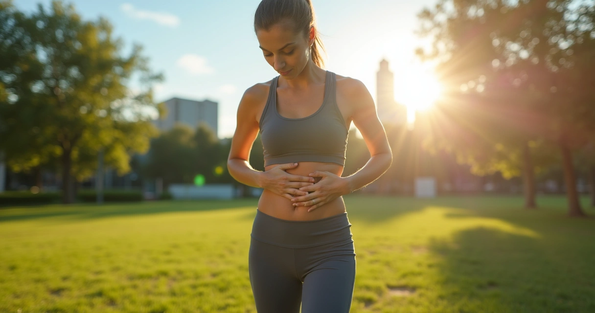 Mulher caminhando em parque enquanto segura a barriga com as mãos. 