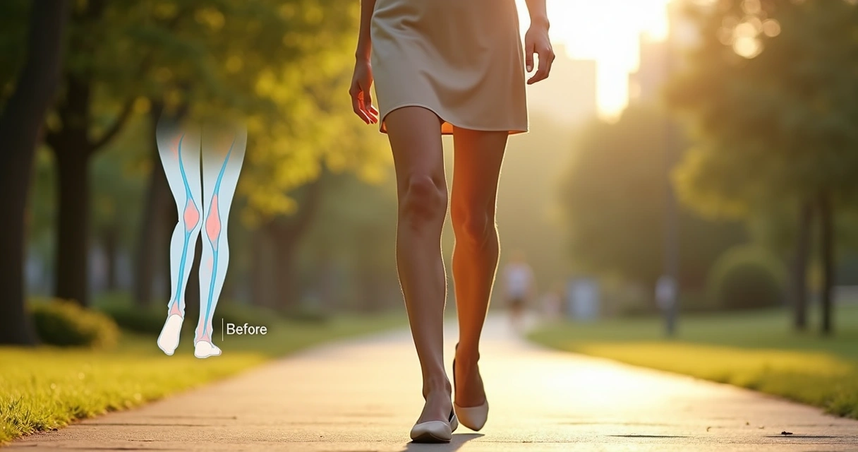 Mulher caminhando em parque arborizado destacando pernas saudáveis após tratamento de varizes 