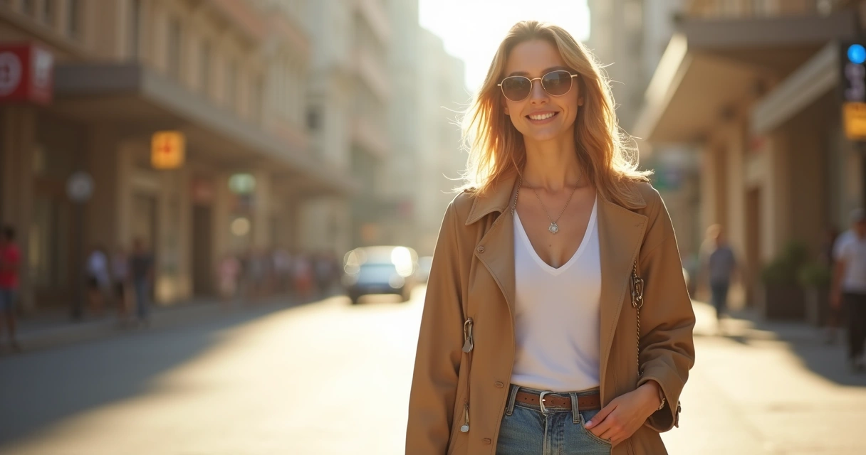 Mulher andando em uma rua iluminada, com expressão de confiança. 