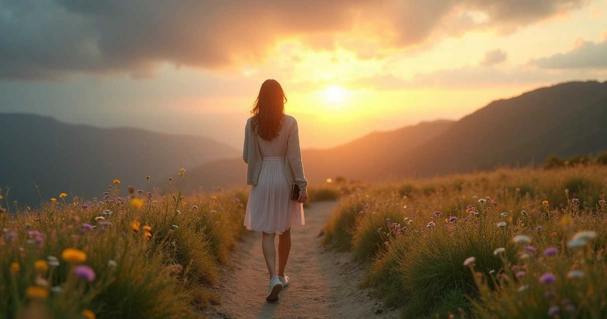 Mulher caminhando em trilha entre nuvens escuras e luz do sol ao fundo 