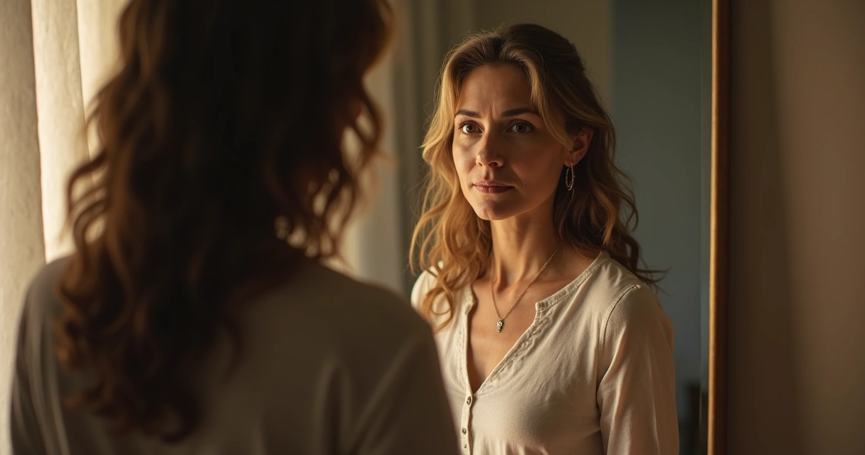 Mulher observa seu reflexo no espelho, destacando mudanças físicas 