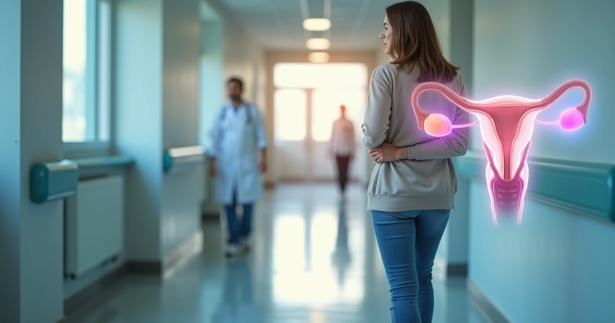 Mulher caminhando por corredor de hospital com destaque para ilustração discreta de ovários ao fundo 