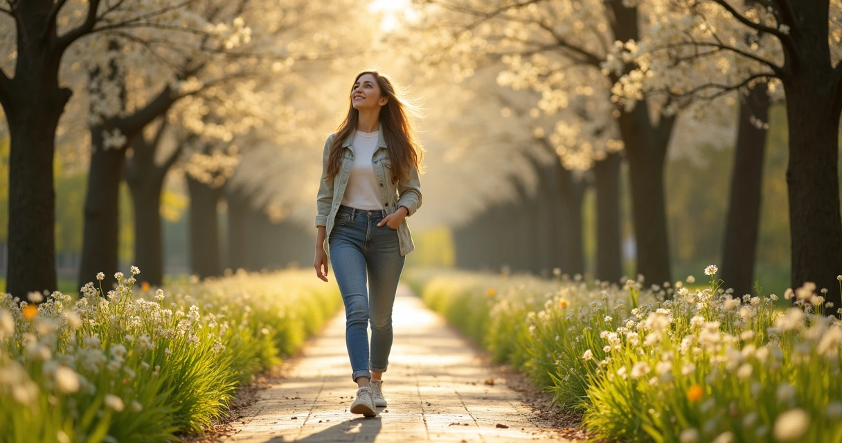 Mulher caminhando em parque florido de primavera 