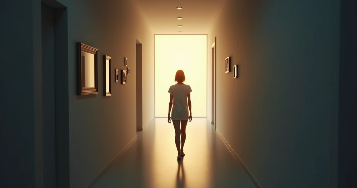 Pessoa caminhando em direção à luz em um corredor escuro 