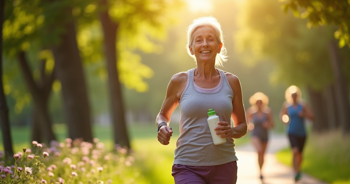 Mulher caminhando em parque com roupas de ginástica na menopausa 