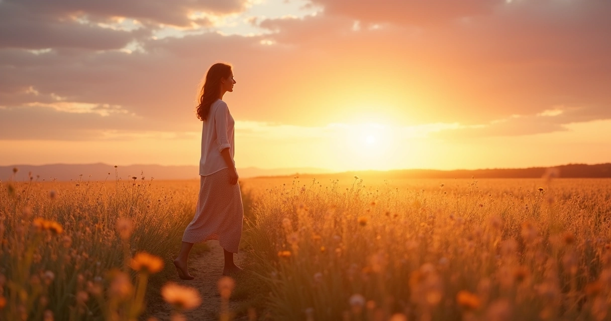 Mulher caminhando sozinha em campo aberto com céu colorido ao fundo, simbolizando mudança espiritual 
