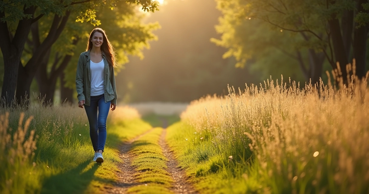 Mulher caminhando sozinha em trilha de natureza 