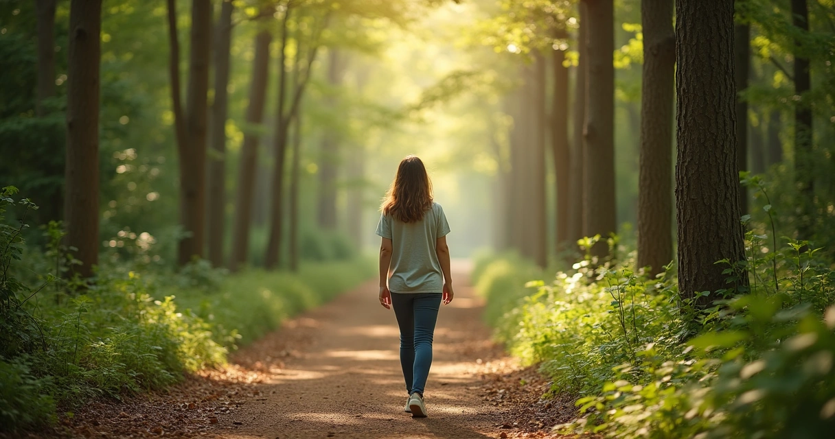 Mulher caminhando sozinha em trilha cercada por árvores