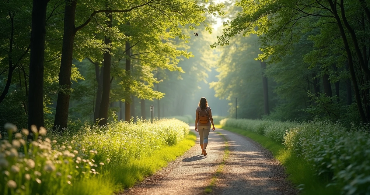 Mulher caminhando sozinha por trilha tranquila em meio à natureza. 