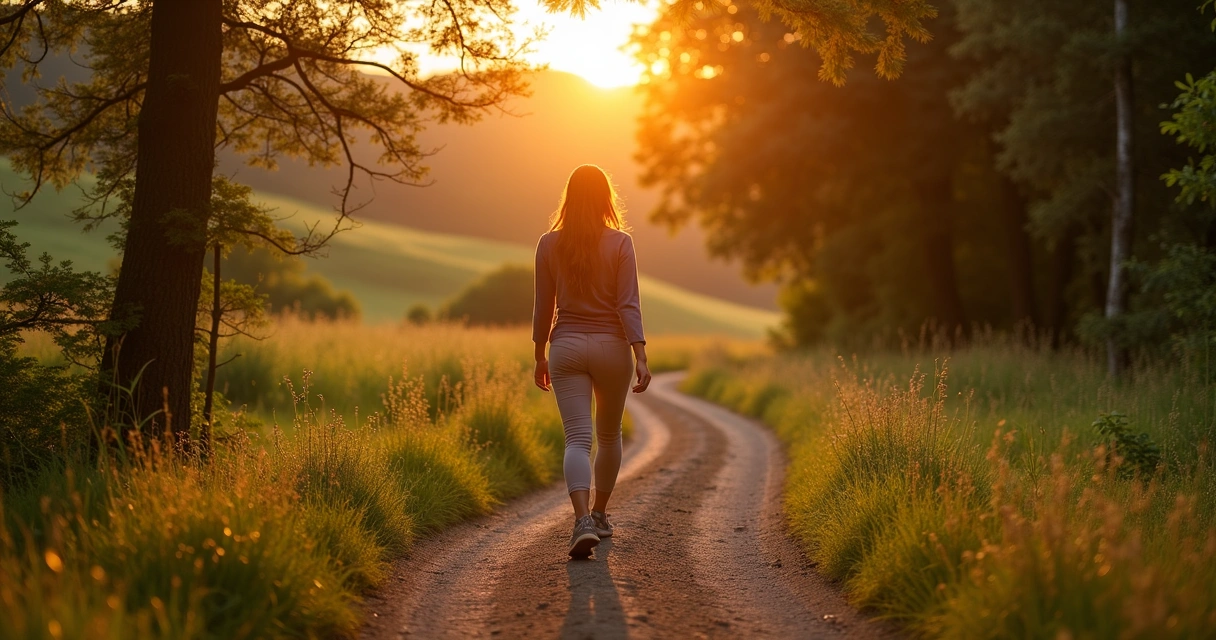 Mulher caminhando sozinha na natureza ao pôr do sol