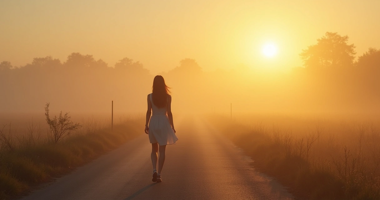 Mulher de vestido claro caminhando com serenidade em estrada rural ao amanhecer, neblina e luz quente suave 