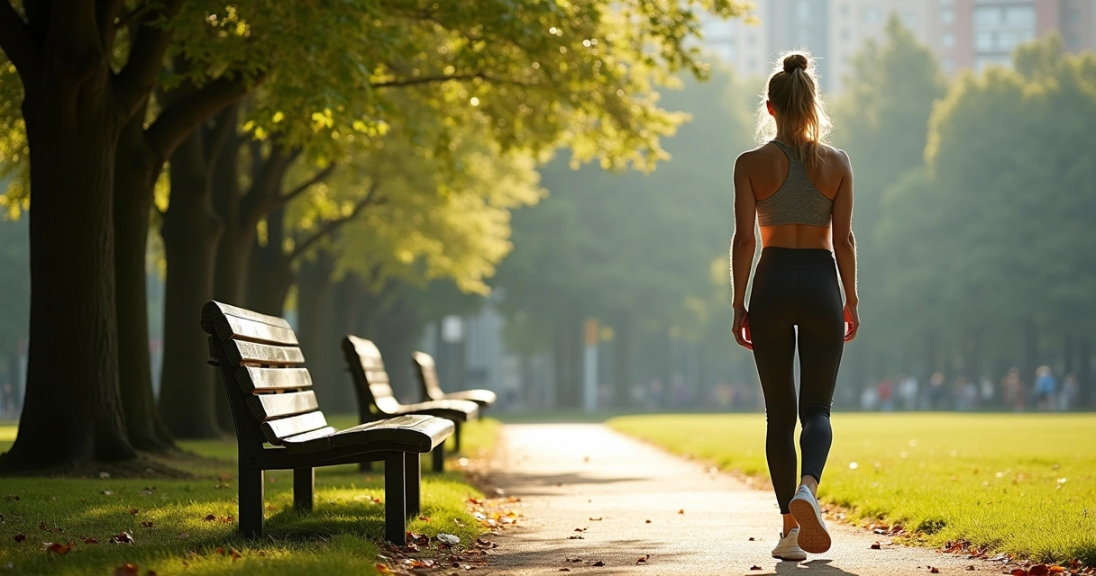 Mulher caminhando sozinha em um parque 