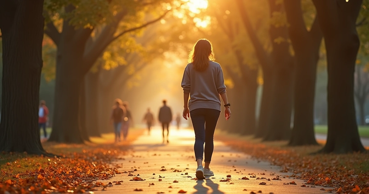 Mulher caminhando sozinha em parque ao entardecer