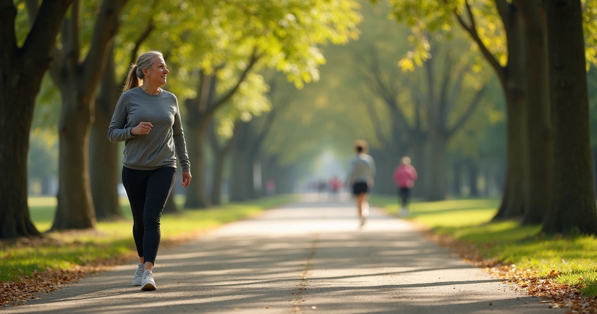 Mulher caminhando em parque arborizado 